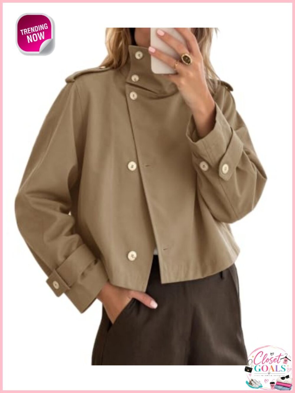 Cropped Trench Coat 100% Polyester Windbreaker High Neck Women's Jacket